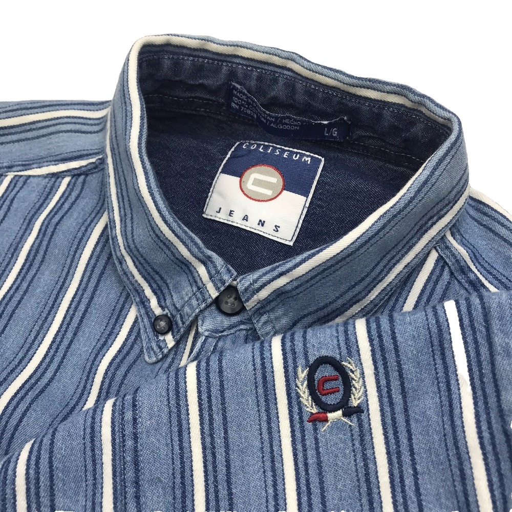 VINTAGE Coliseum DENIM Button Shirt MENS Large Blue COLORBLOCK STRIPES 90s‎ Y2K